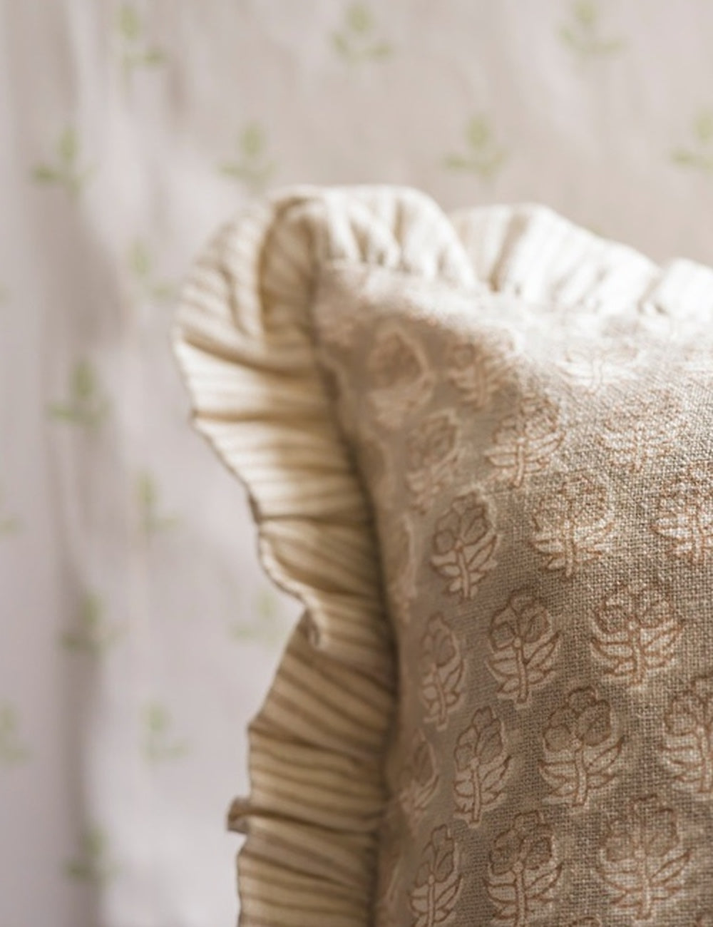 Block Print Frill Cushion in Taupe