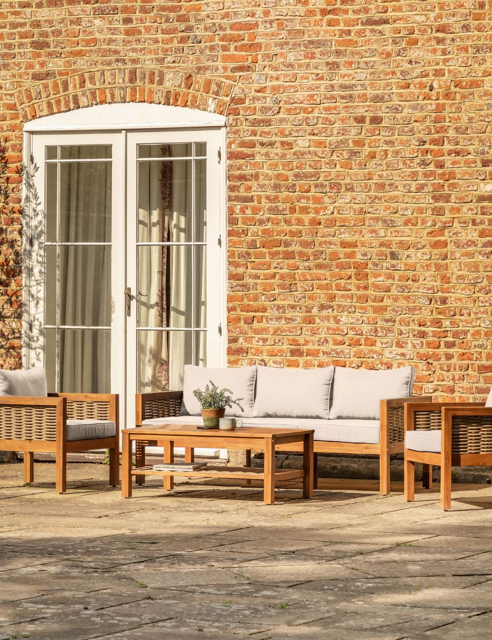 Four Piece Wood and Rattan Outdoor Lounge Set