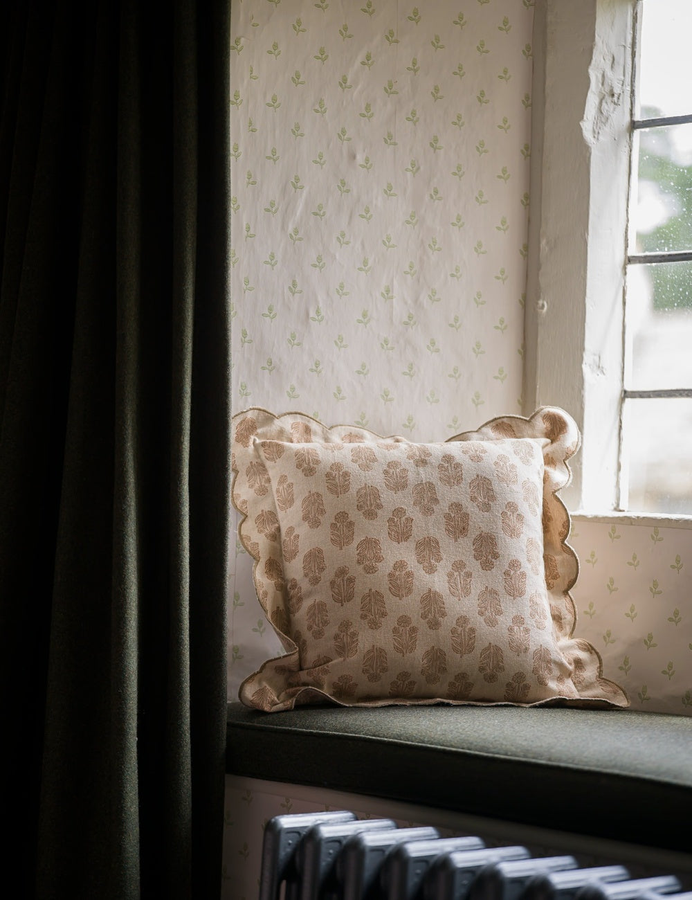 Scallop Blockprint Cushion in Taupe