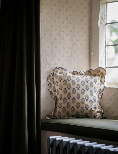 Scallop Blockprint Cushion in Denim