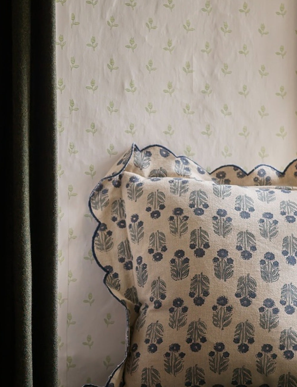Scallop Blockprint Cushion in Denim