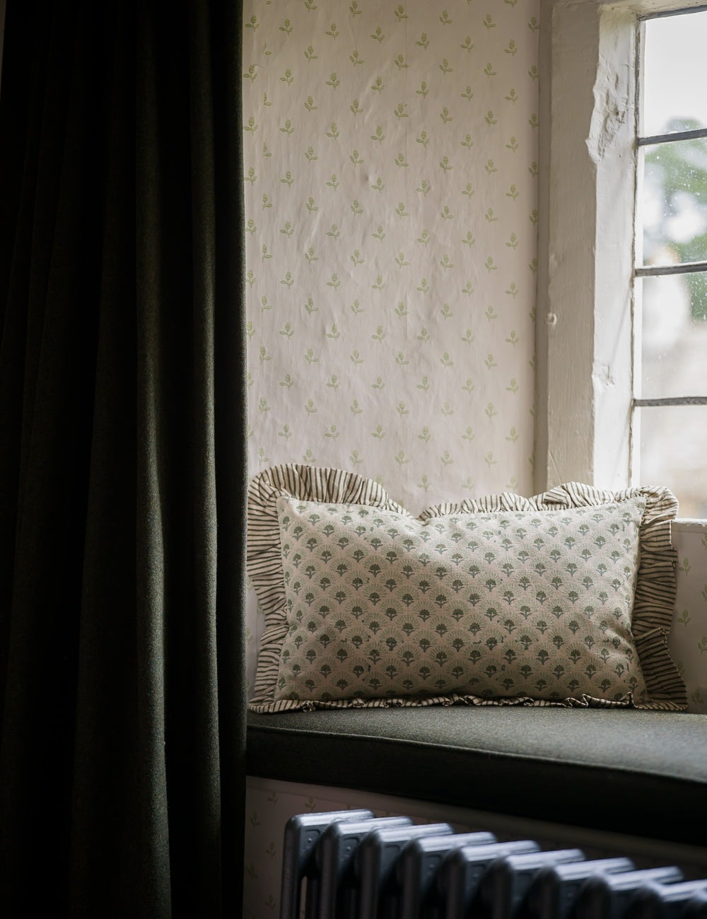 Fanflower Block Print Cushion in Forest
