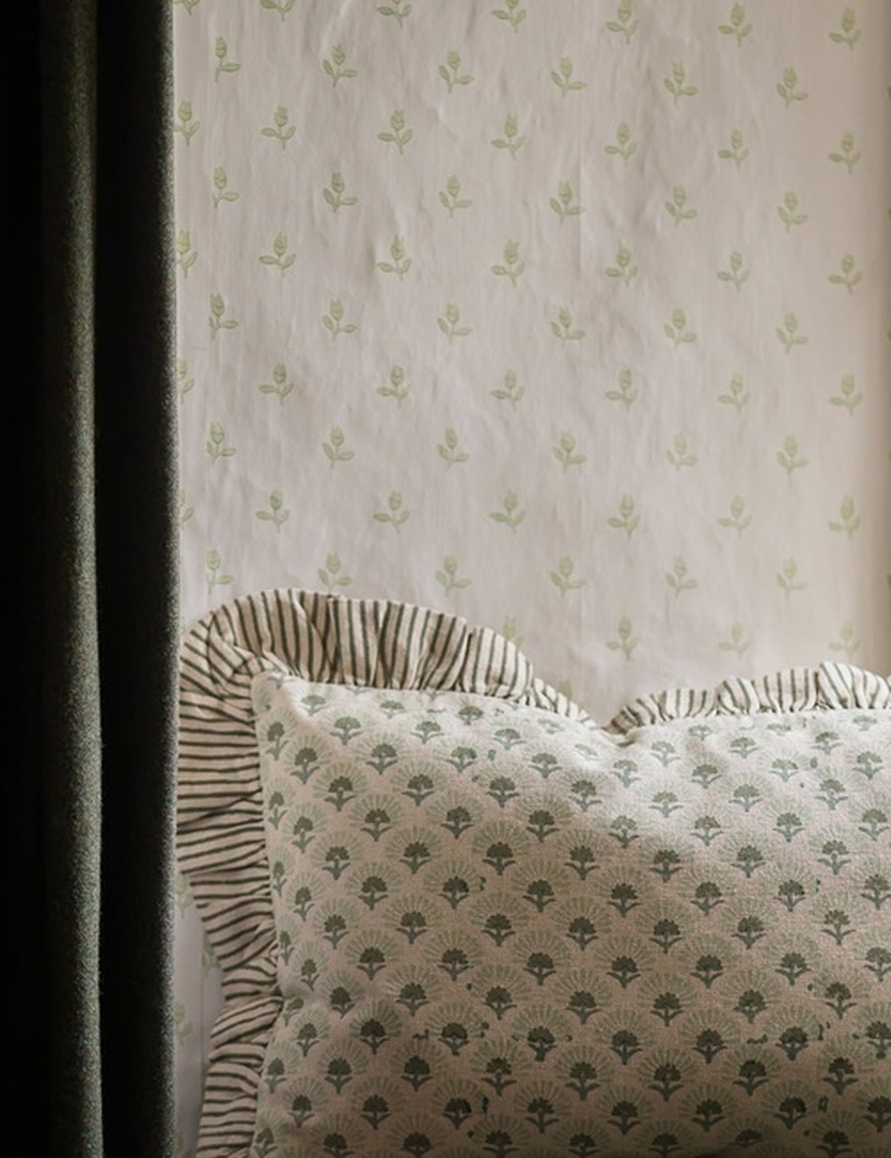 Fanflower Block Print Cushion in Forest