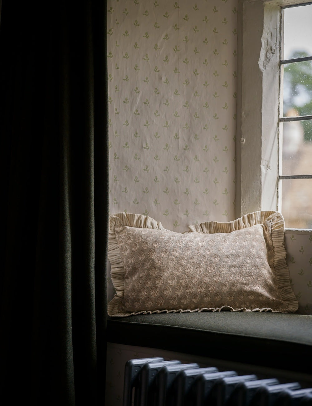 Block Print Frill Cushion in Taupe