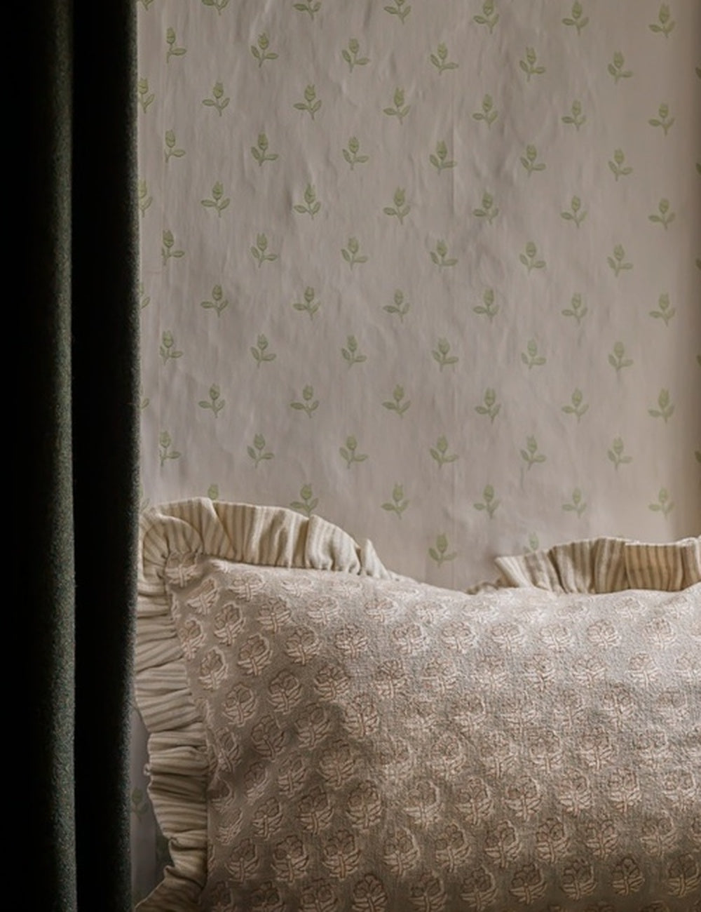 Block Print Frill Cushion in Taupe