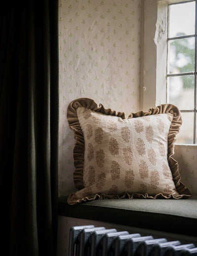 Blockprint Flower Cushion in Taupe