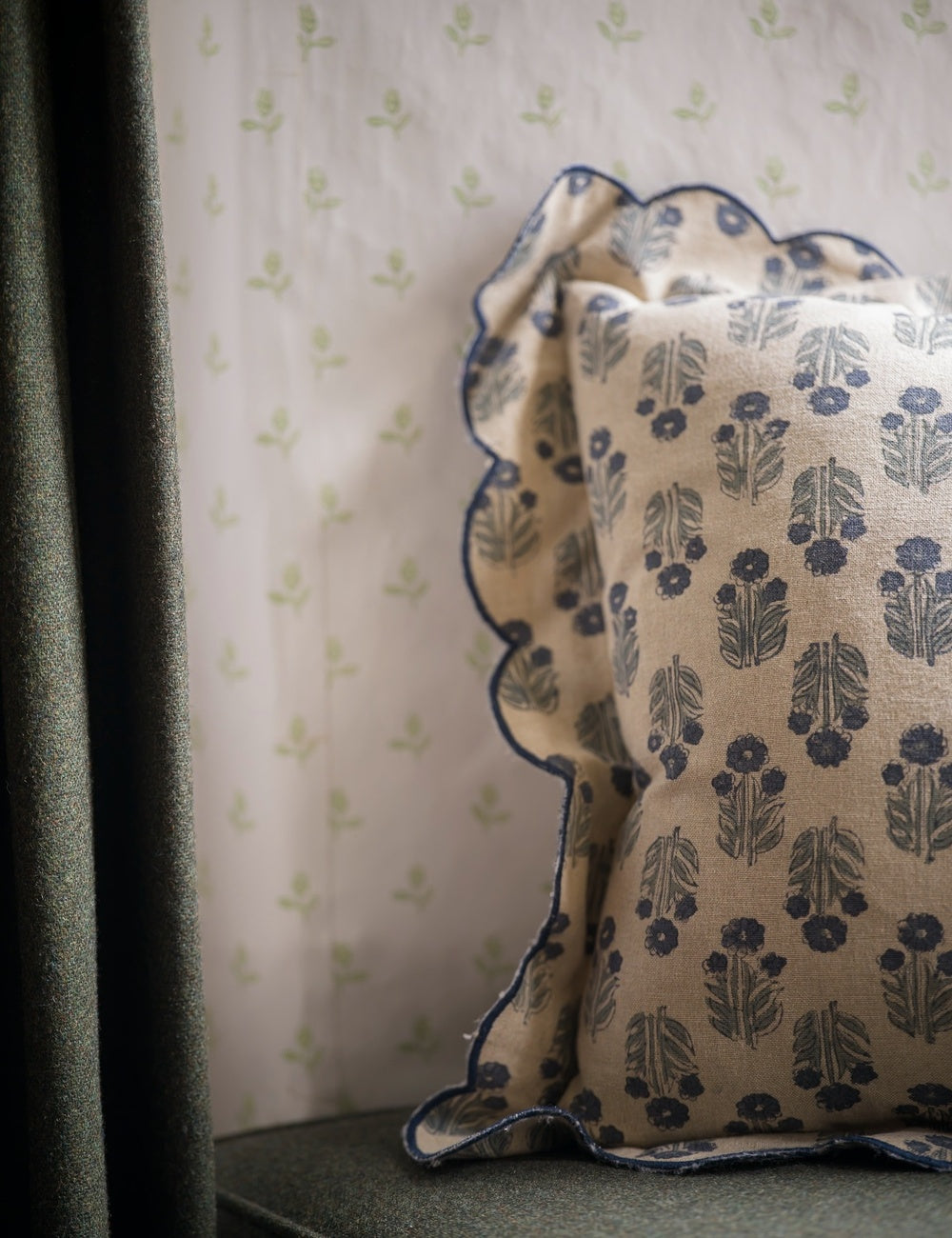 Scallop Blockprint Cushion in Denim