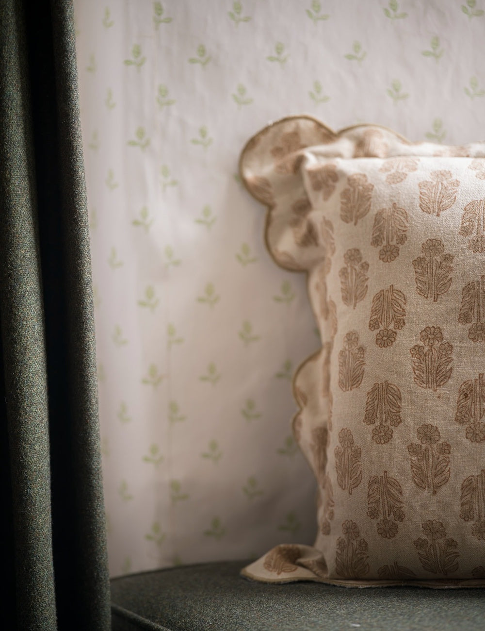 Scallop Blockprint Cushion in Taupe