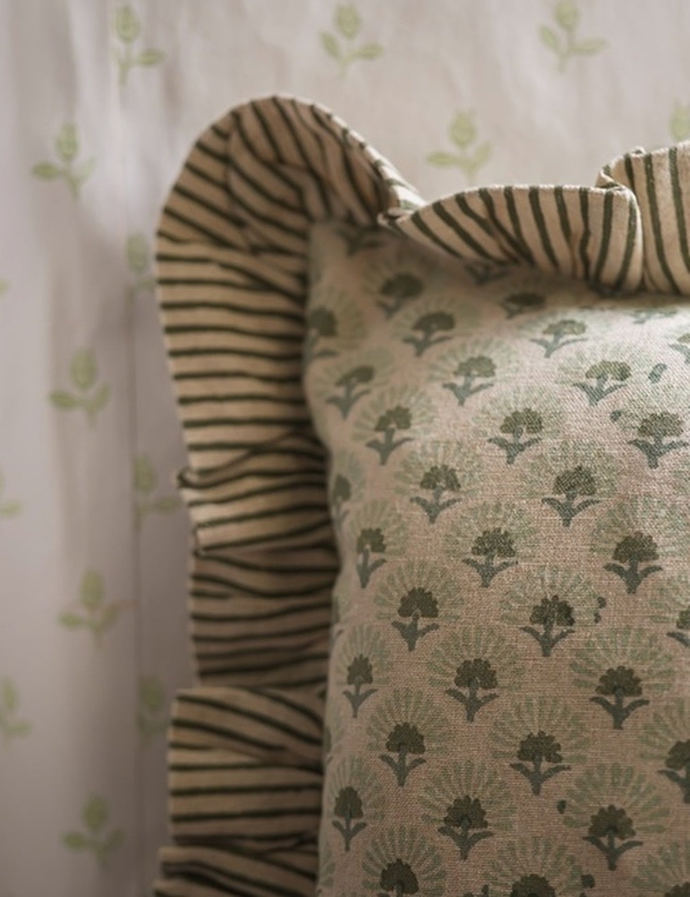 Fanflower Block Print Cushion in Forest