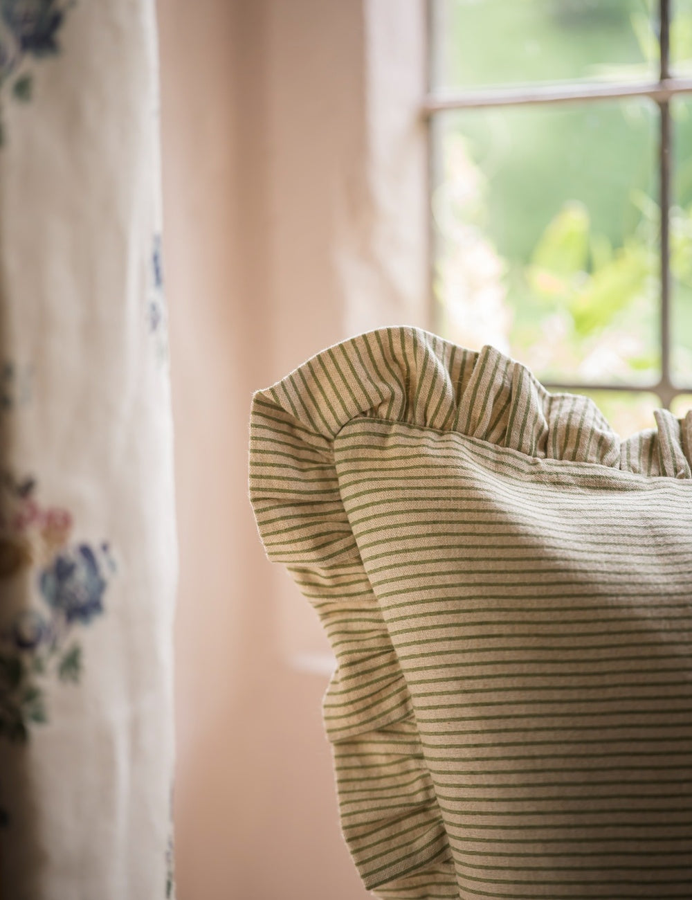 Stripe Frill Cushion in Forest
