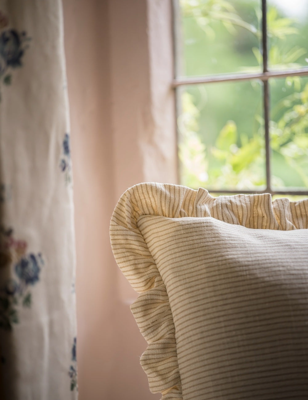 Stripe Frill Cushion in Taupe