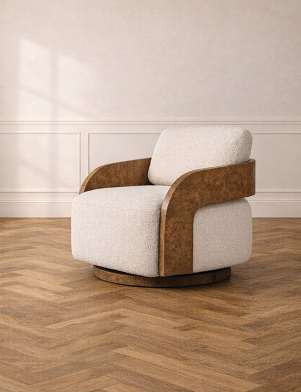 Harper Burl Swivel Chair in Cream Bouclé