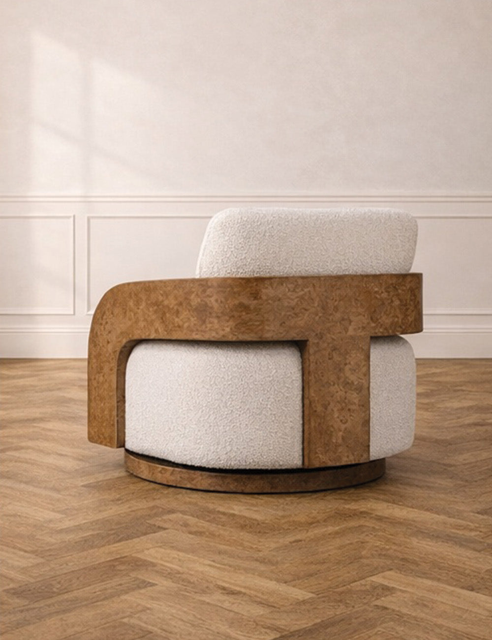 Harper Burl Swivel Chair in Cream Bouclé