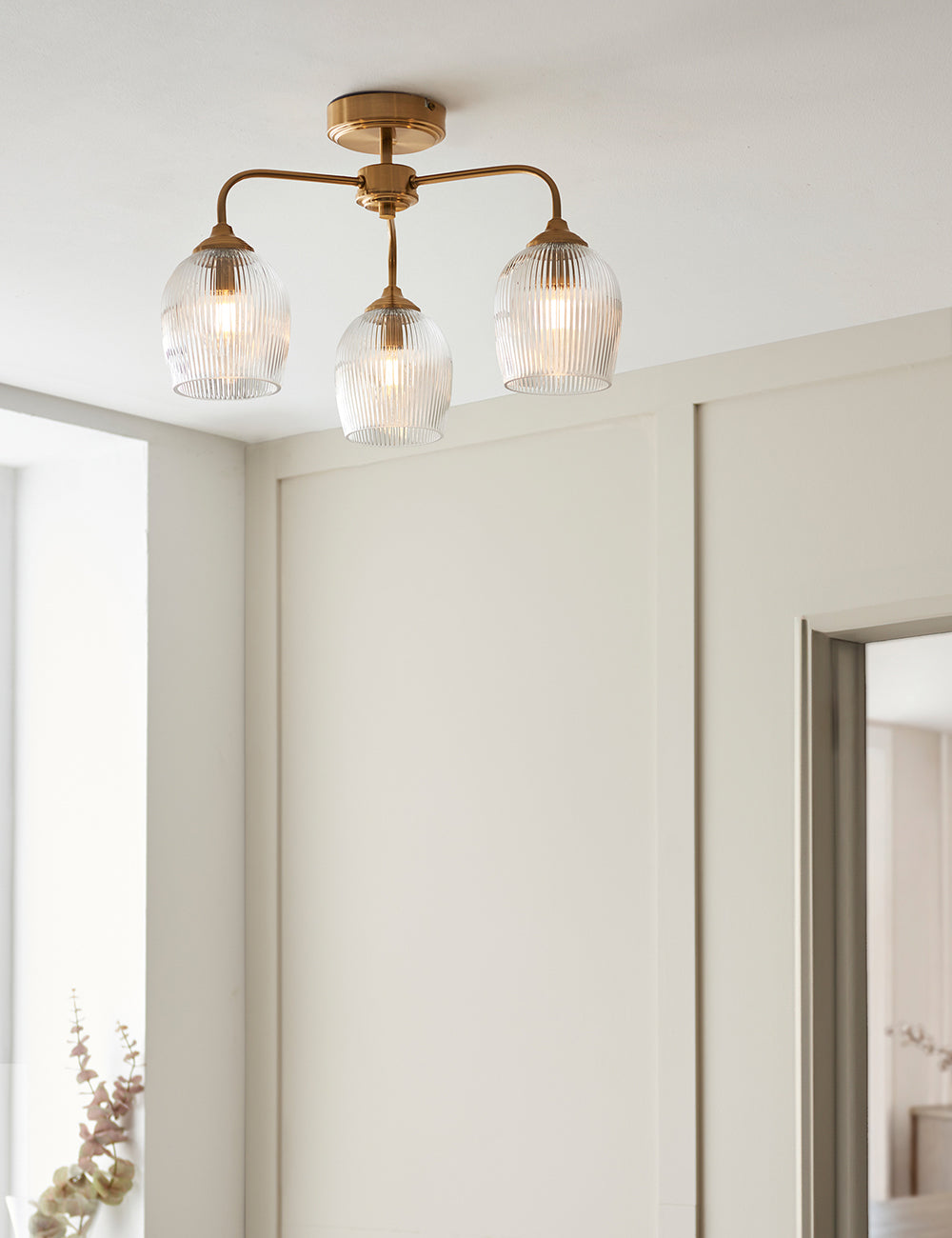 Fitzroy Ribbed 3 Ceiling Light Brushed Aged Brass