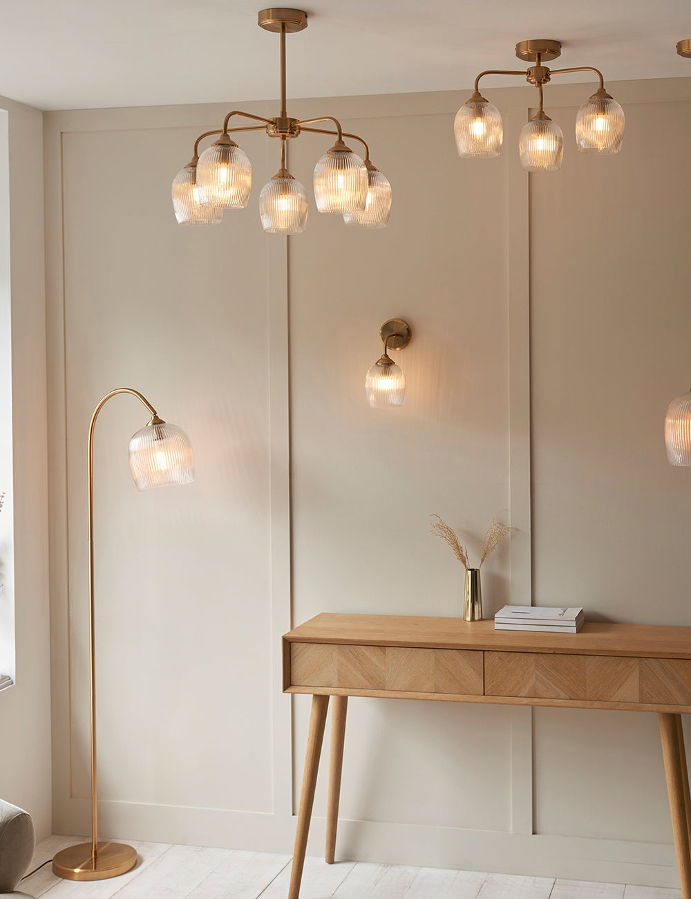 Fitzroy Ribbed 5 Pendant Light Brushed Aged Brass
